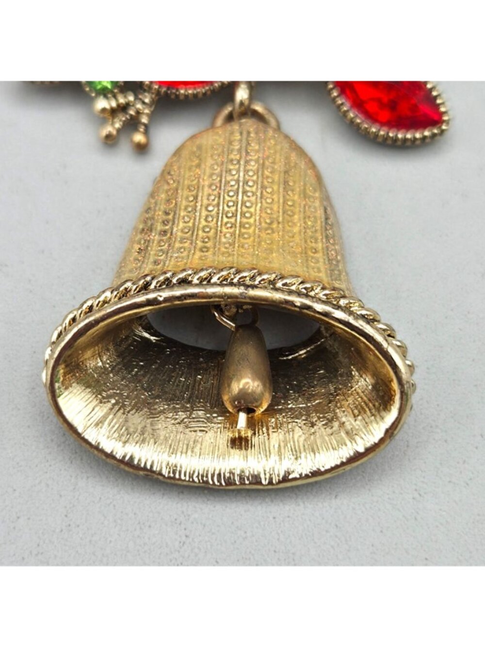 Vintage Monet Christmas Bell Brooch Red Green Rhinestones Holiday Pin - Picture 3 of 7